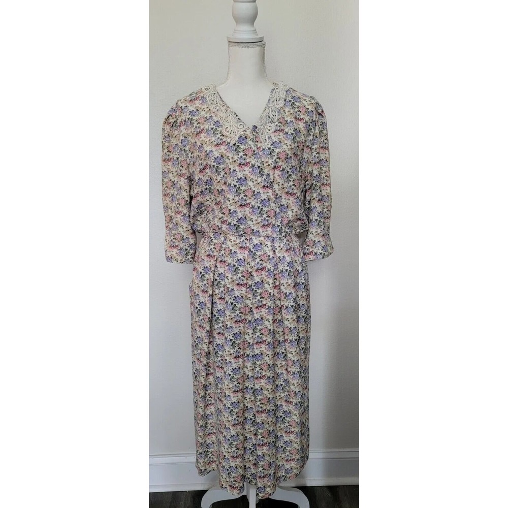 Vintage 80s Lady Carol M/L Tea Dress Floral Cottagecore Pastel Midi Lace Collar